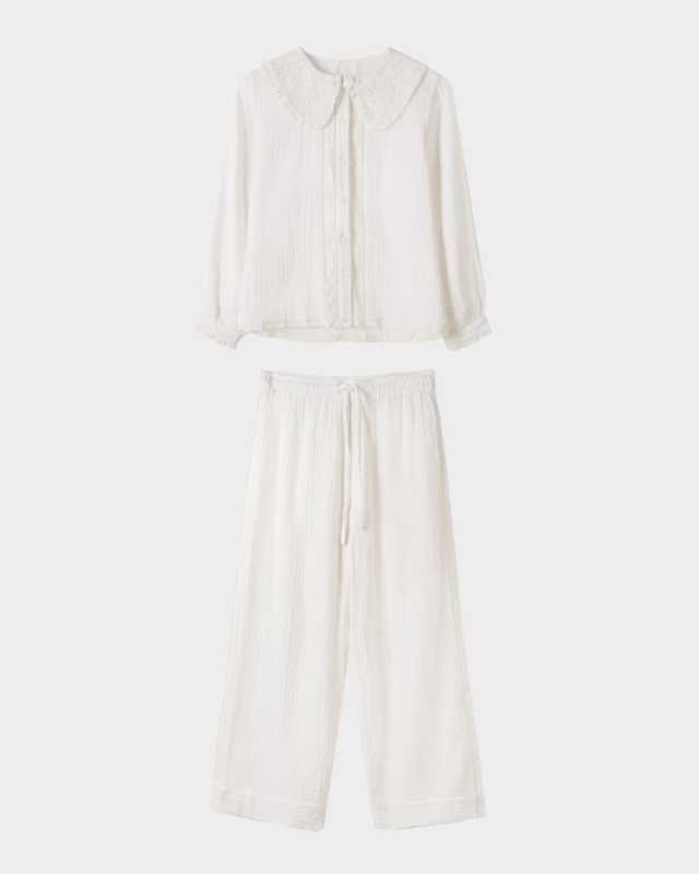 Fancy Collar Cotton Gauze Shirt and Trousers Set